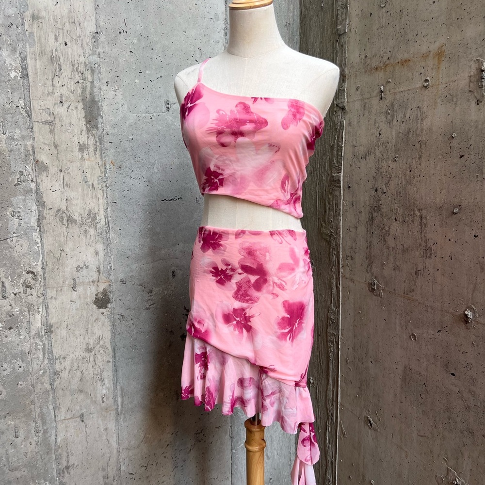 Princess Polly Pink and White Asymmetrical Mini Skirt and top set